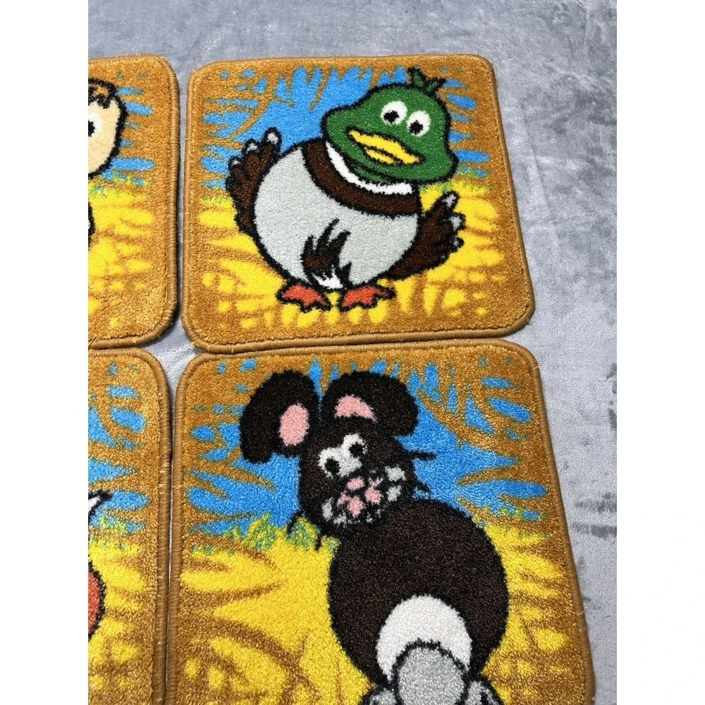 Vintage 70s Latch Hook Farm Animal Rugs Set of 7 Fox Duck Pig Bunny Horse Cow